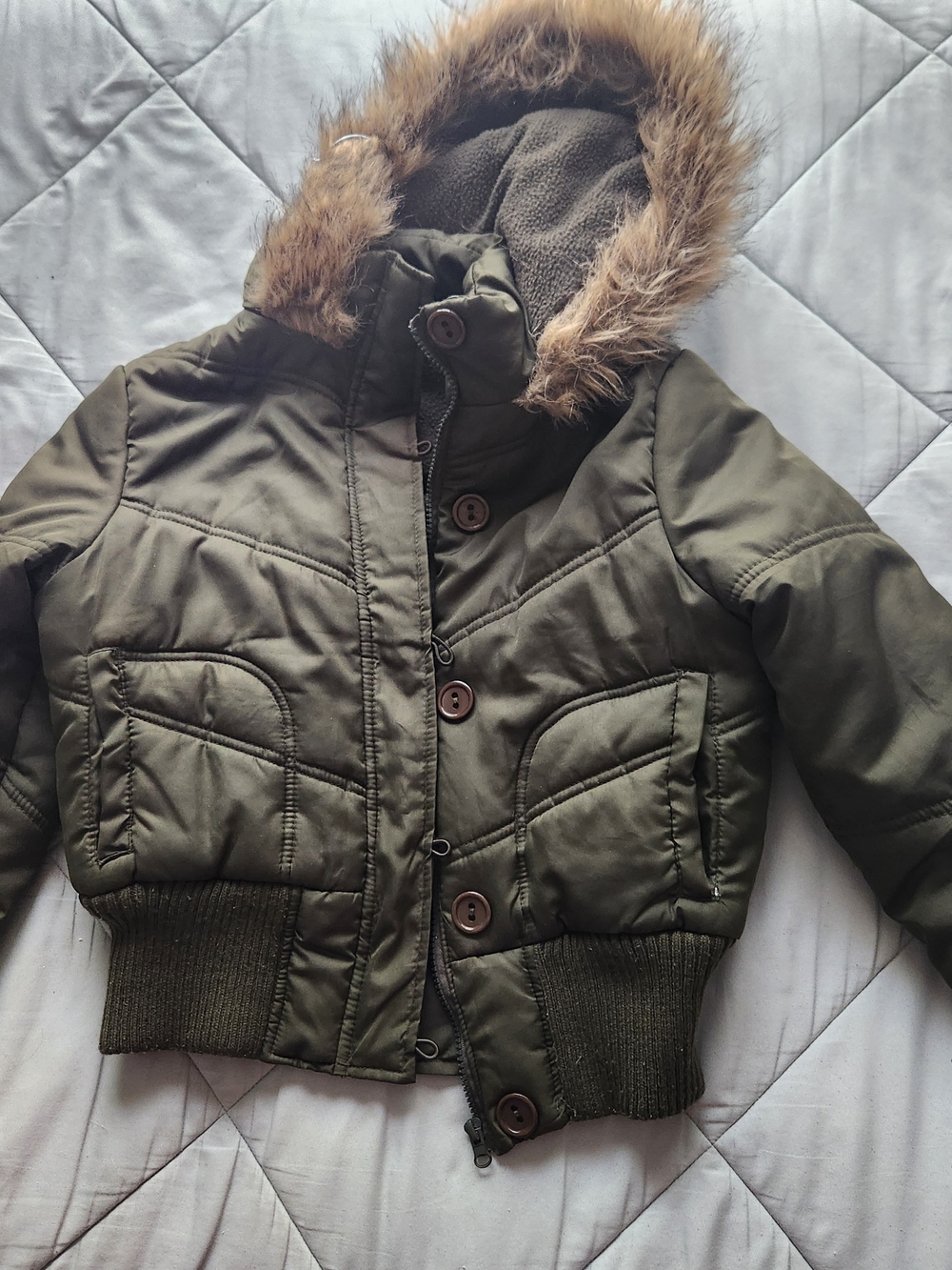 Kids Olive Hooded Puffer Jacket with Faux Fur Trim